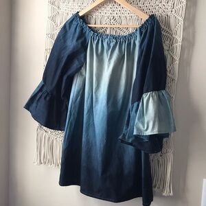 Tie dye ikat blues handmade tunic top or dress with ruffled sleeves sz m…
